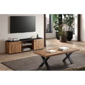 ALTOBUY Ensemble Salon Meuble TV Et Table Basse Aspect Bois Finition Denver Piètement X Métal Noir - Gless